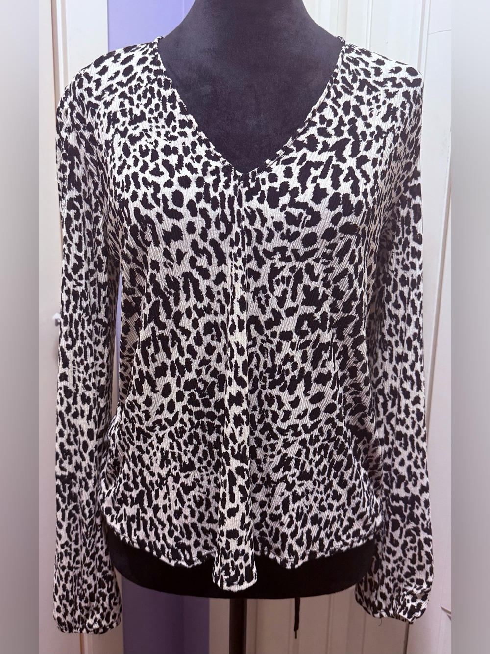 Mango Black and White Leopard Print V-Neck Blouse